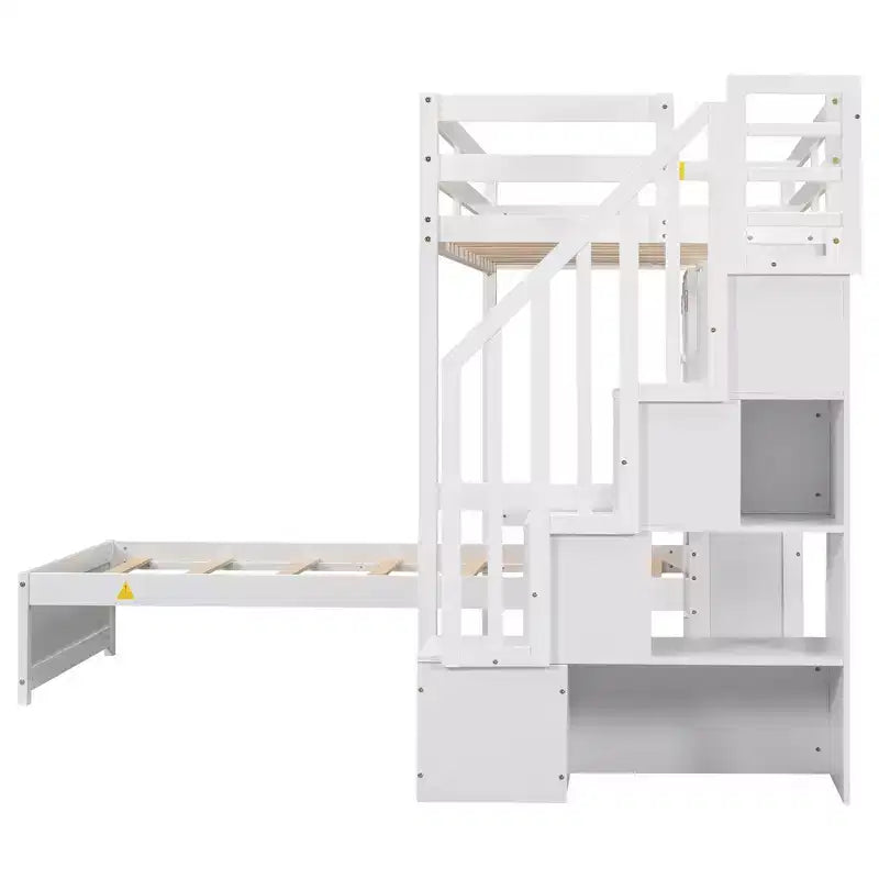 Wood Twin Size Bunk Bed with Desk and Staircase, L-Shaped Twin over Twin Loft Bed with Storage Compartments and Shelves