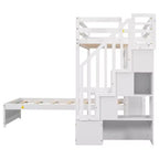 Wood Twin Size Bunk Bed with Desk and Staircase, L-Shaped Twin over Twin Loft Bed with Storage Compartments and Shelves