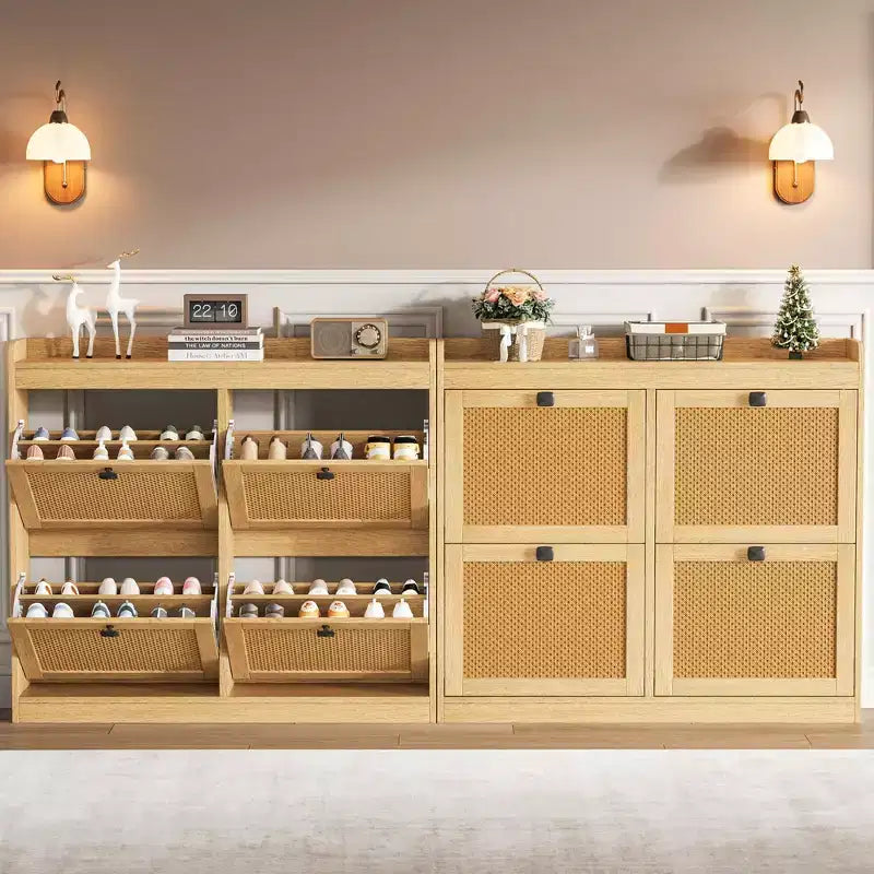 Meuble à Chaussures avec 4 Tiroirs Basculants, Meuble à Chaussures en Bois avec Portes en Rotin et Étagères Réglables - Organisateur de Chaussures Autonome