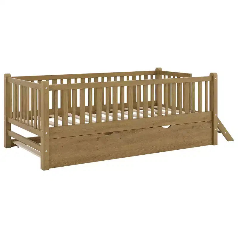 Whisen Twin Size Wood Platform Bed with Guardrail and 2 Drawers