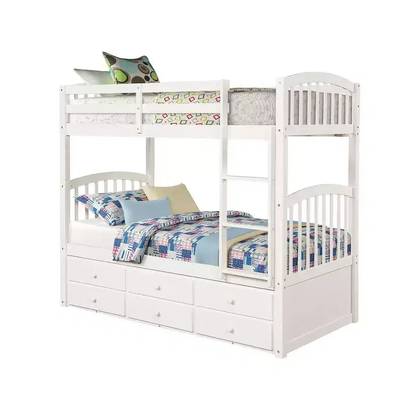Lit superposé double avec échelle, barrière de sécurité, lit gigogne double avec 3 tiroirs pour chambre d'adolescent, meubles de chambre d'amis