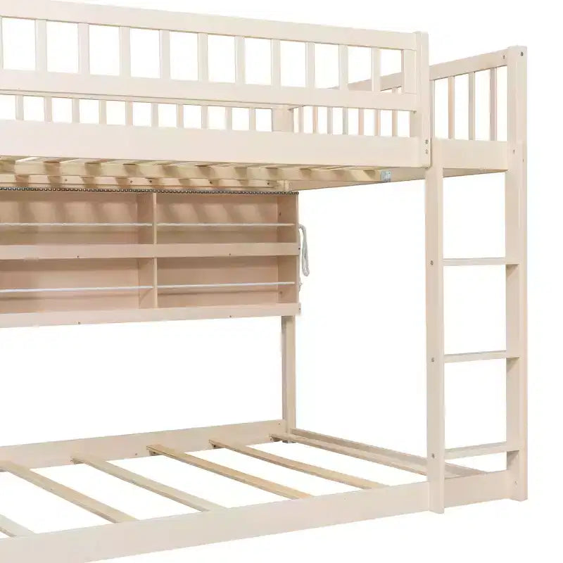 Full Over Full Modern Low Bunk Bed with Storage Lighted Shelves and Pegboard