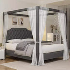 Queen Size Canopy Bed Frame with Poles 4 Corner Bed Bracket, Solid Wood Slats Support, No Box Spring Needed, Noise Free
