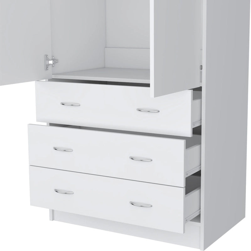 19 Modern Double-door Armoire with 3 Drawers and 1 Hanging Rod for Bedroom