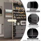 Tall Kitchen Pantry Cabinet with Power Outlets, Large Freestanding Cupboard with Microwave Stand, Drawers, Shelves, Wine Racks & Door-Shelf