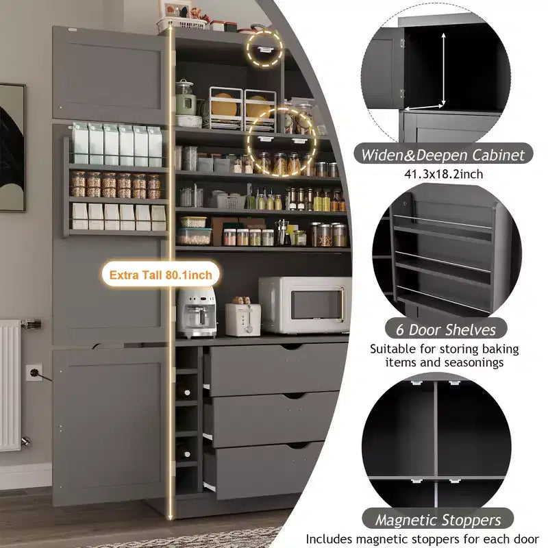 Tall Kitchen Pantry Cabinet with Power Outlets, Large Freestanding Cupboard with Microwave Stand, Drawers, Shelves, Wine Racks & Door-Shelf