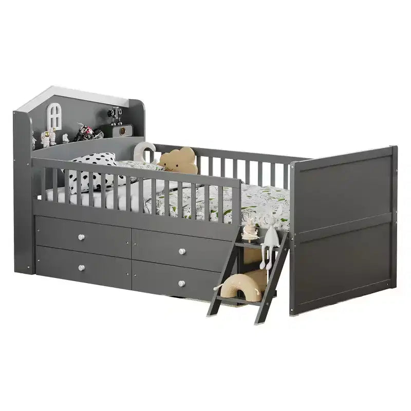 Whisen Twin Wooden Bed Frame, Platform Bed Frame with Storage 4 Drawers, Guardrail Headboard and Ladder