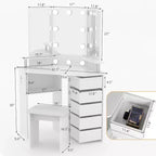 Corner Makeup Vanity Desk with Lights, Dressing Table with Power Outlet and Rotating Drawers for Bedroom