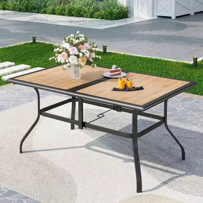 Captiva Designs 8pc Outdoor Patio Rectangle Steel Dining Table & Rattan Swivel Chairs & Beige Umbrella