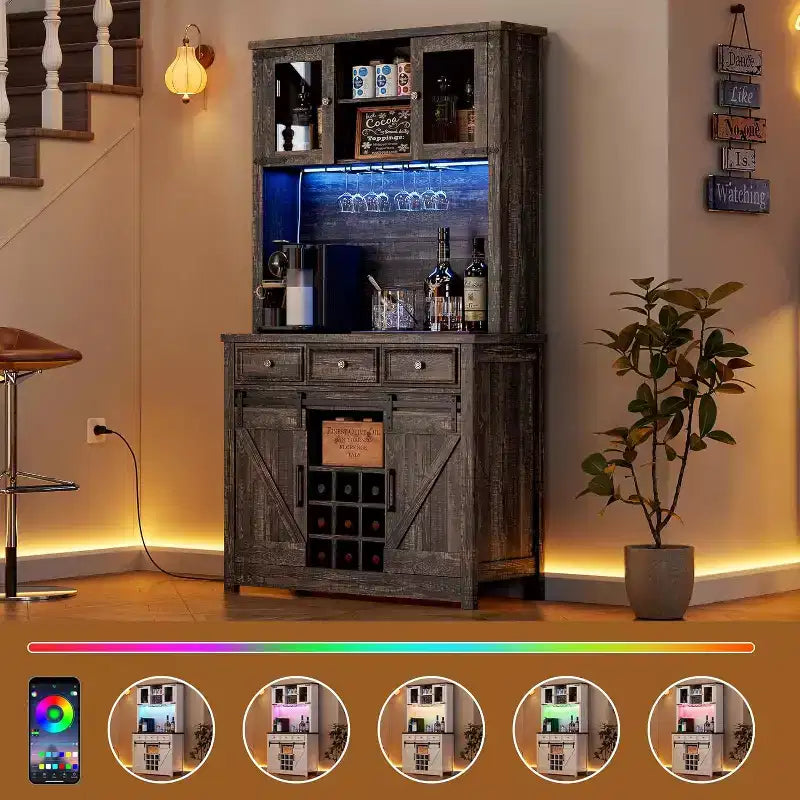 72 Inch Farmhouse Coffee Bar Cabinet with Wine Glass Rack, Large Kitchen Hutch with 3 Drawers and Sliding Barn Door, Tall Storage Cabinet for Home Bar