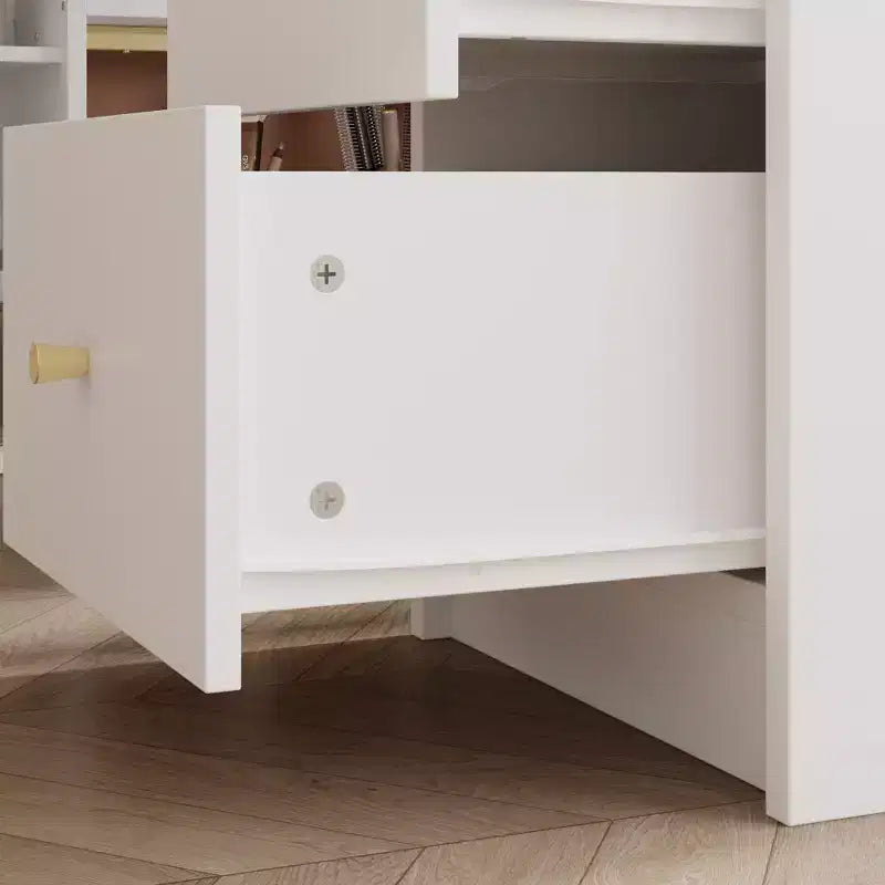 White Nail Table with Built-in Dust Extractor, Tempered Glass Display, Gold Handles Nail Salon Station Makeup Vanity Makeup Table