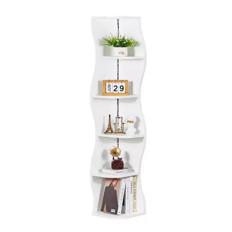 VECELO 5-Tier Wave Corner Shelf, Tall Vertical Storage Display Shelf for Small Spaces & Living Room, White