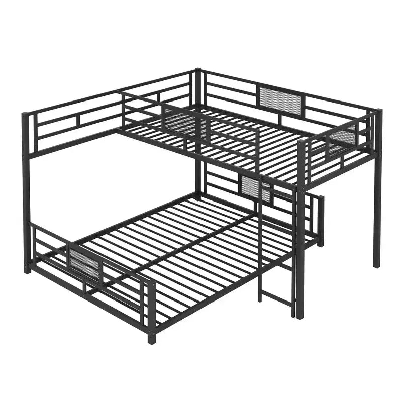 Twin over Full L-shaped Metal Bunk Bed with Ladder and Guardrail -ModernLuxe