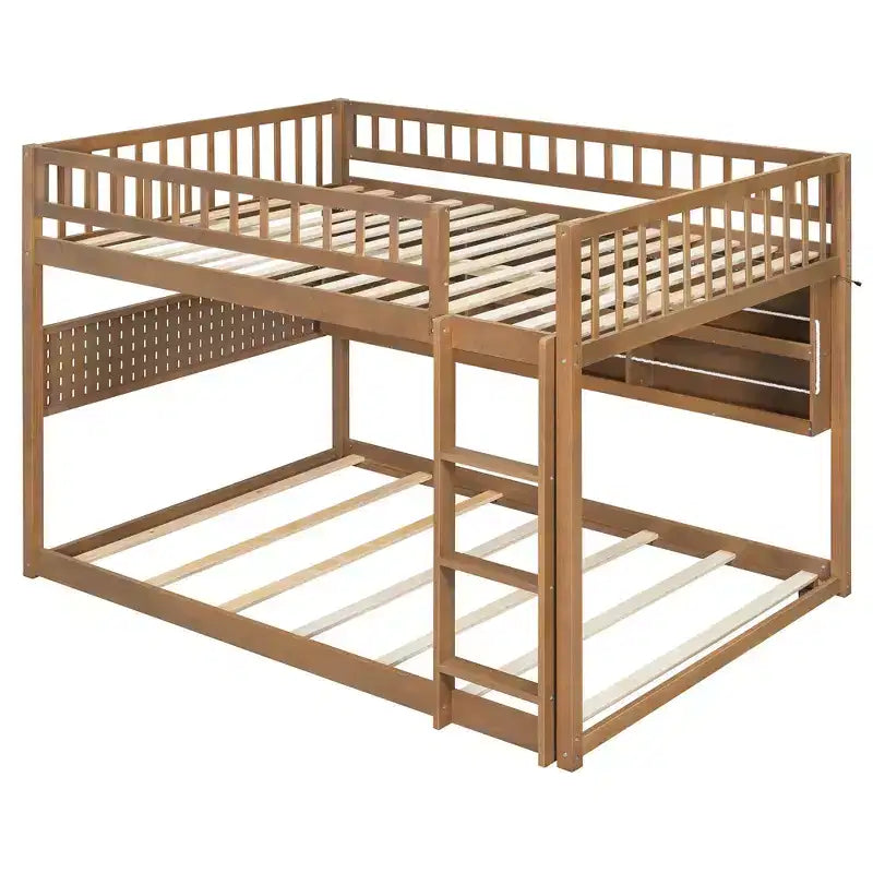 Full Over Full Modern Low Bunk Bed with Storage Lighted Shelves and Pegboard