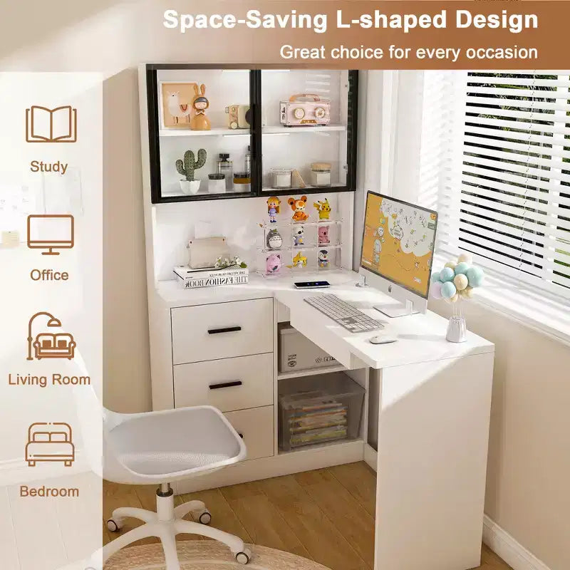 Bureau d'ordinateur JVNOXK avec armoire vitrée et éclairage LED intégré, bureau d'angle en L, avec ports de charge USB et plateau de clavier, blanc