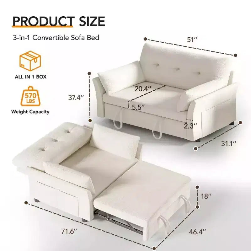 Dyonery 51 3-in-1 Sleeper Sofa Bed, Convertible Loveseat with Pull-Out Bed, Adjustable Backrest, Linen Couch