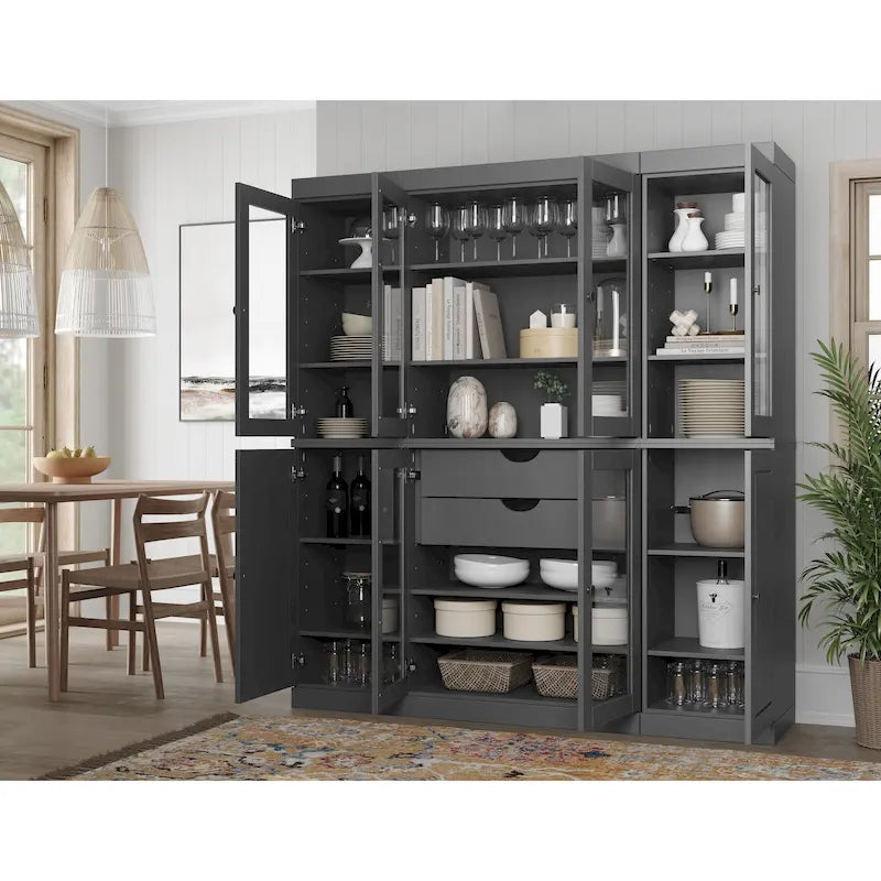 100% Solid Wood Kitchen China Pantry Buffet with Glass or Solid Wood Doors and 2-Drawer Kit 65 x 71.5