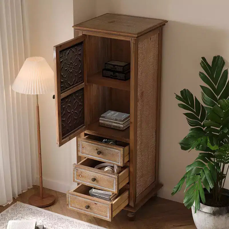 GDFStudio Brielle Rustic Tall Storage Cabinet with Floral Cutout Door and Drawers