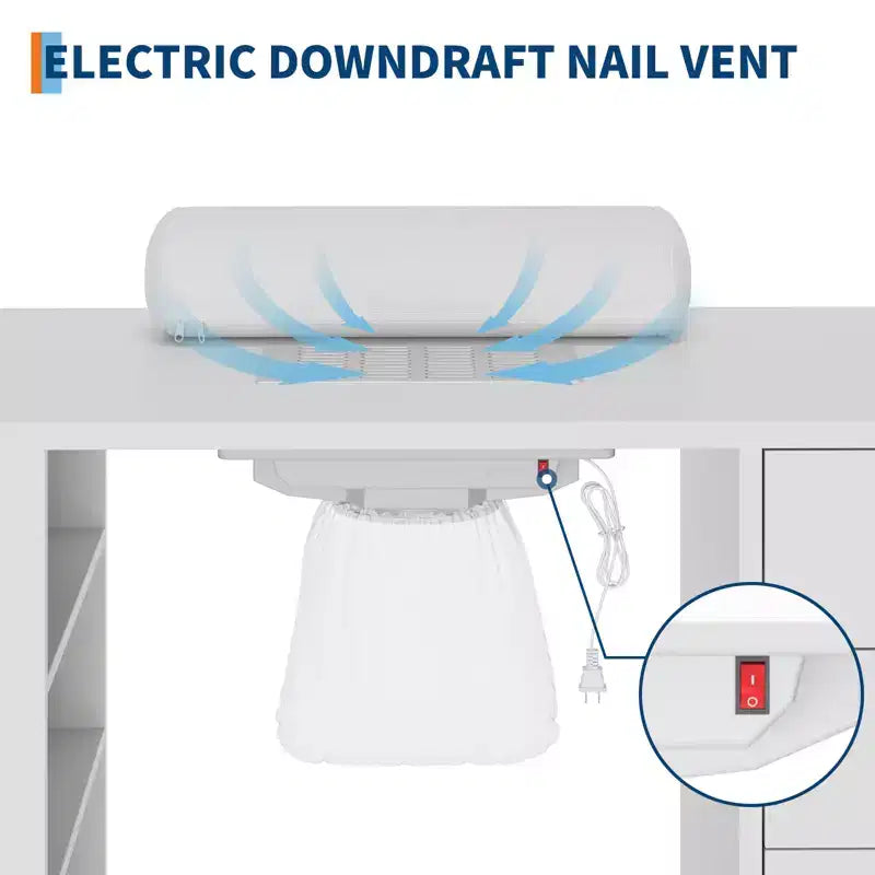 42'' Manicure Table for Nail Tech with Dust Collector and Wrist Rest, Nail Desk with Vertical Pull-Out Locker, 1 Storage Cabinet, 2 Drawers