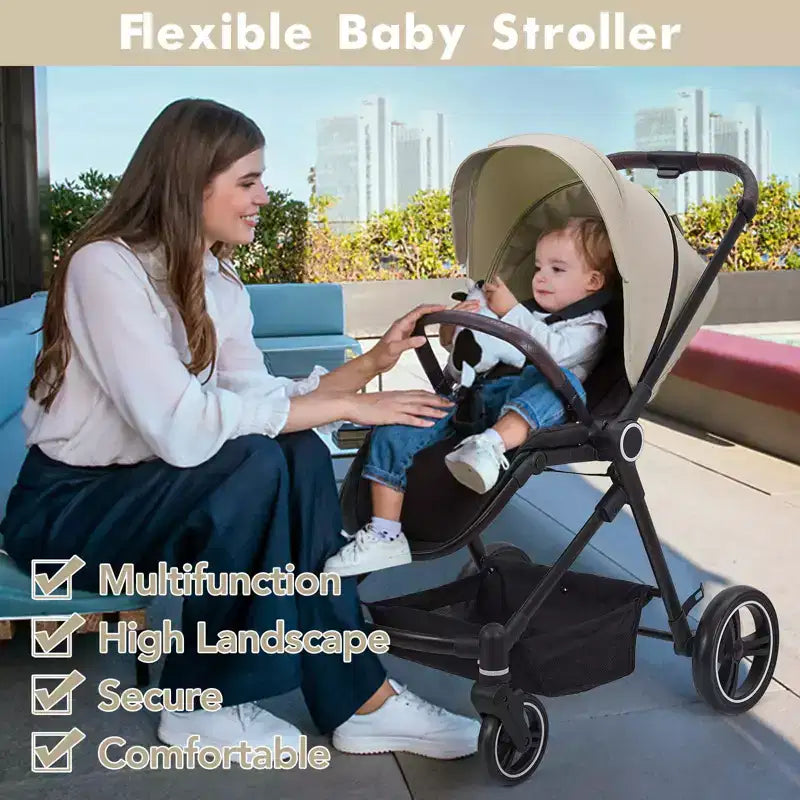 Baby Stroller, Foldable Stroller - High Landscape Pushchair for Newborn & Toddler, Convertible Pram with Reversible Backrest