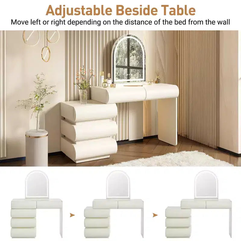Whisen Luxury Makeup Vanity Desk, Dressing Table Vanity with Mirror, Movable Side Cabinet, 6 Drawers Storage and Stool
