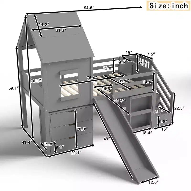 Letto a soppalco singolo con 3 cassetti e scala contenitore, struttura a casetta in legno con scivolo e scrivania rimovibile