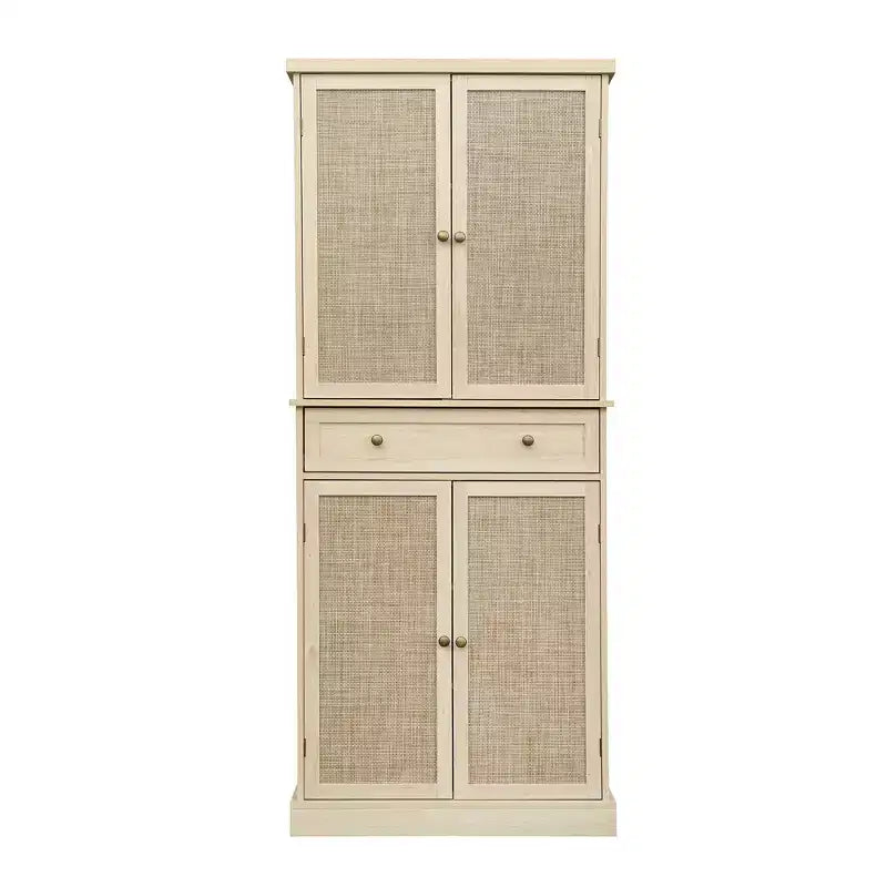 Meuble de rangement haut Okak avec 4 portes en rotin/sculptées, meuble de rangement avec 1 tiroir et 4 étagères intérieures réglables, meuble d'appoint pour salon, chambre à coucher
