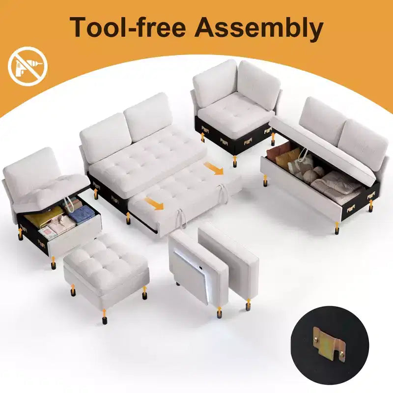 Dyonery 7-seater reclining sofa, modular sofa, side table with hidden storage, rechargeable
