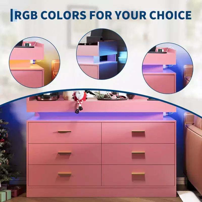 Modern TV Stand with 6 Drawers & LED Lights, Floating Countertop Coffee Bar for Living Room Entertainment Center