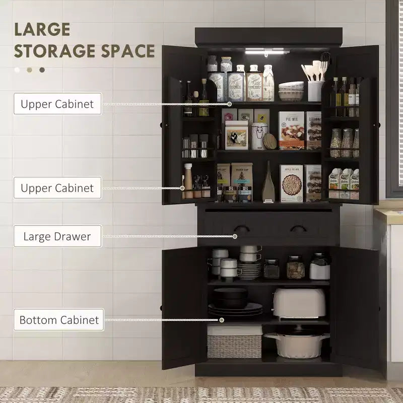71 Kitchen Pantry Cabinet with LED Lights, 6 Door Shelves, a Drawer and 4 Adjustable Shelves