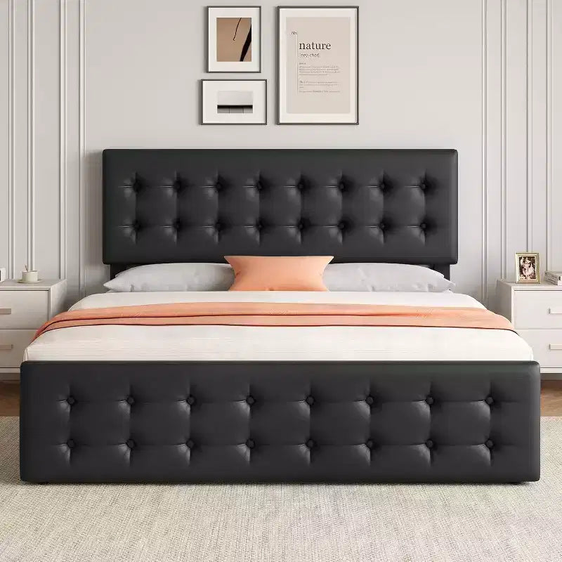 Storage Bed Frame with 4 Drawers & Adjustable Headboard - Upholstered Platform Bed