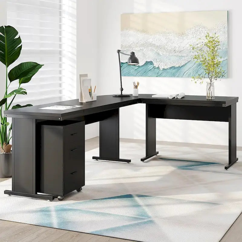 83 L-Shaped Executive Desk, Large L Office Desk with 3-Drawer Mobile File Cabinet, Business Furniture Desk Workstation
