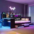Full/Queen Gaming Daybed with Bookcase Headboard, LED Lights, Integrated Desk, Drawers and Charging Station