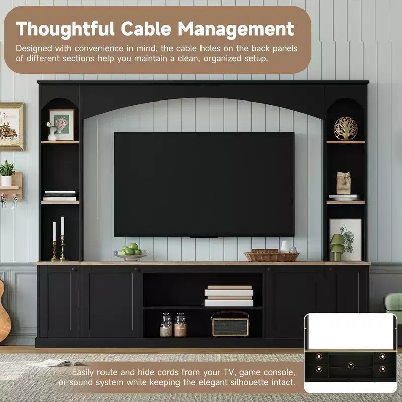 Whisen 91 Media Console, Arched Entertainment Center Wall Unit, Farmhouse TV Stand with Bookshelf, Wood Grain for TVs Up to 70