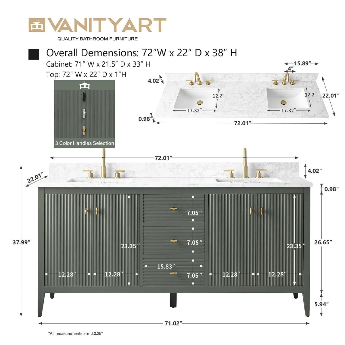 Vanity Art 72 Double Sink Bathroom Vanity Cabinet with Engineered Marble Top