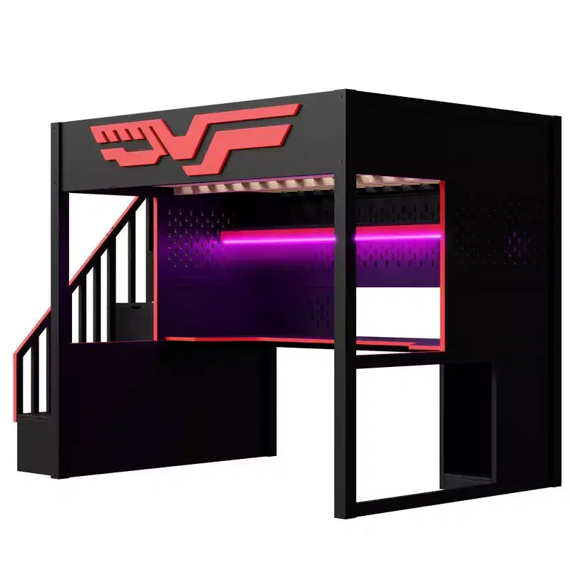 Full Gaming Loft Bed with Desk and LED Light, Wood Full Size Stairway High Loft Bed and Storage Staircase and USB, Red+Black