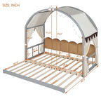 Solid Wood Playhouse Platform Bed Floor Montessori Bed Frame with Arched Roof and Trundle for Girls and Boys