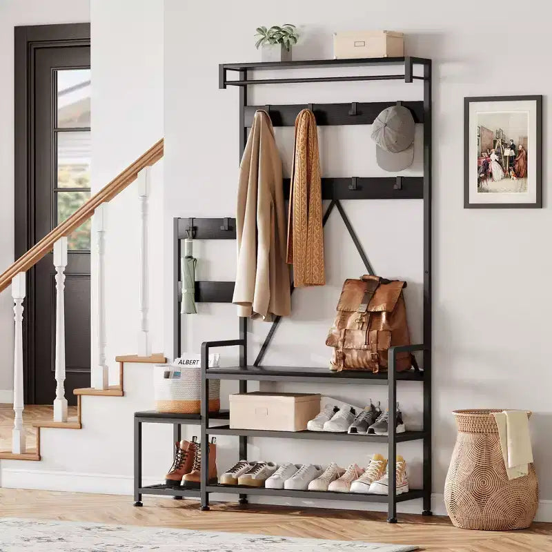 Entryway Shoe Storage Rack with Bench, Coat Rack Hall Tree with 7 Hooks and Storage Shelf, Entryway Coat Rack for Hallway Mudroom Bedroom