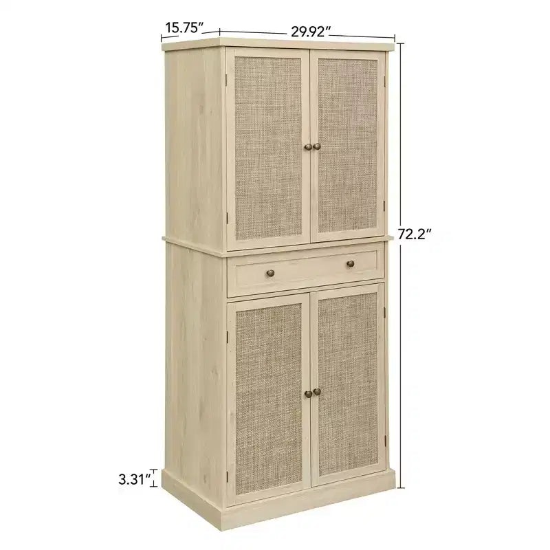 Meuble de rangement haut Okak avec 4 portes en rotin/sculptées, meuble de rangement avec 1 tiroir et 4 étagères intérieures réglables, meuble d'appoint pour salon, chambre à coucher