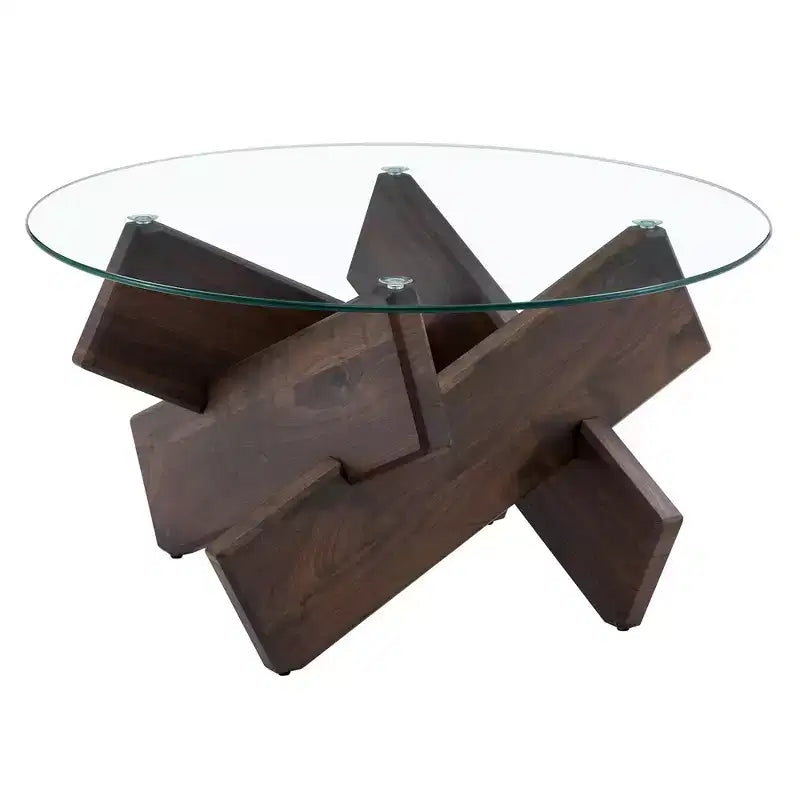 Okak Modern Circular Glass Coffee Table, Small Distinctive Design Tea Table Wood Legs for Living Room Reception Office Farmhouses