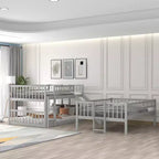Full Over Full Triple Bunk Bed with Convertible Ladder and Slide, Triple Bed with Guardrails, White/Gray/Espresso - ModernLuxe