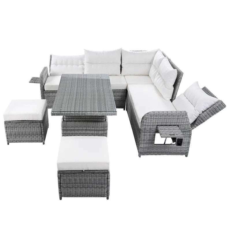 Outdoor Rattan Sectional Sofa Set with Adjustable Table & Recliners