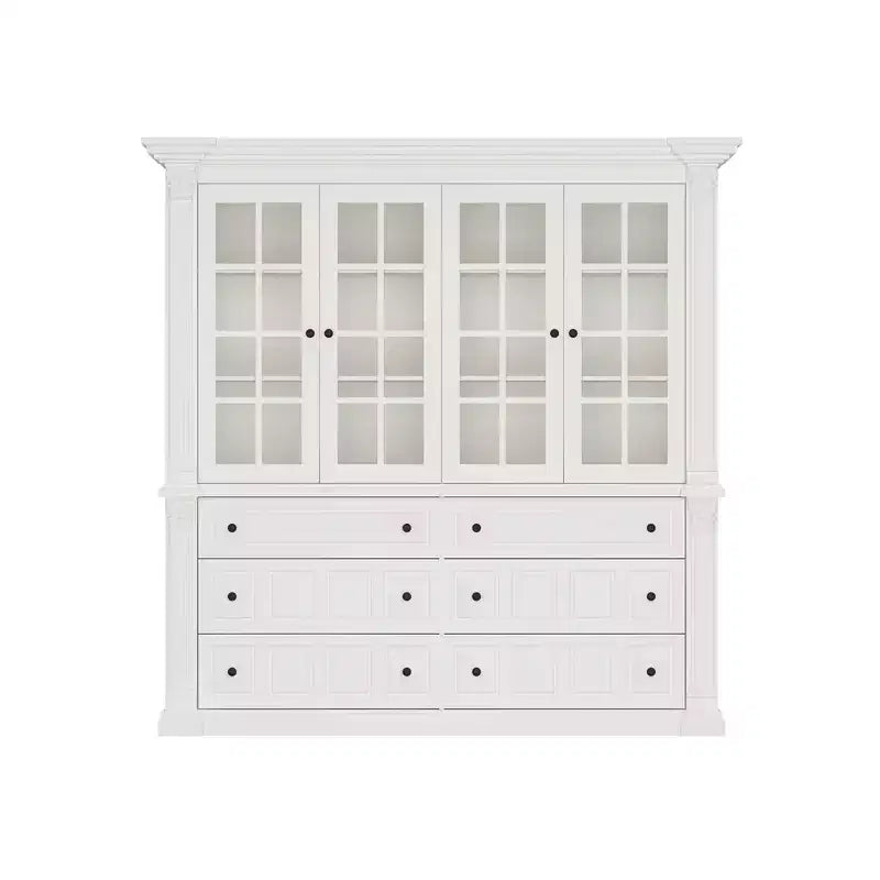 Grand buffet vaisselier blanc avec portes vitrées, bahut de rangement pour cuisine, salon, étagères à livres