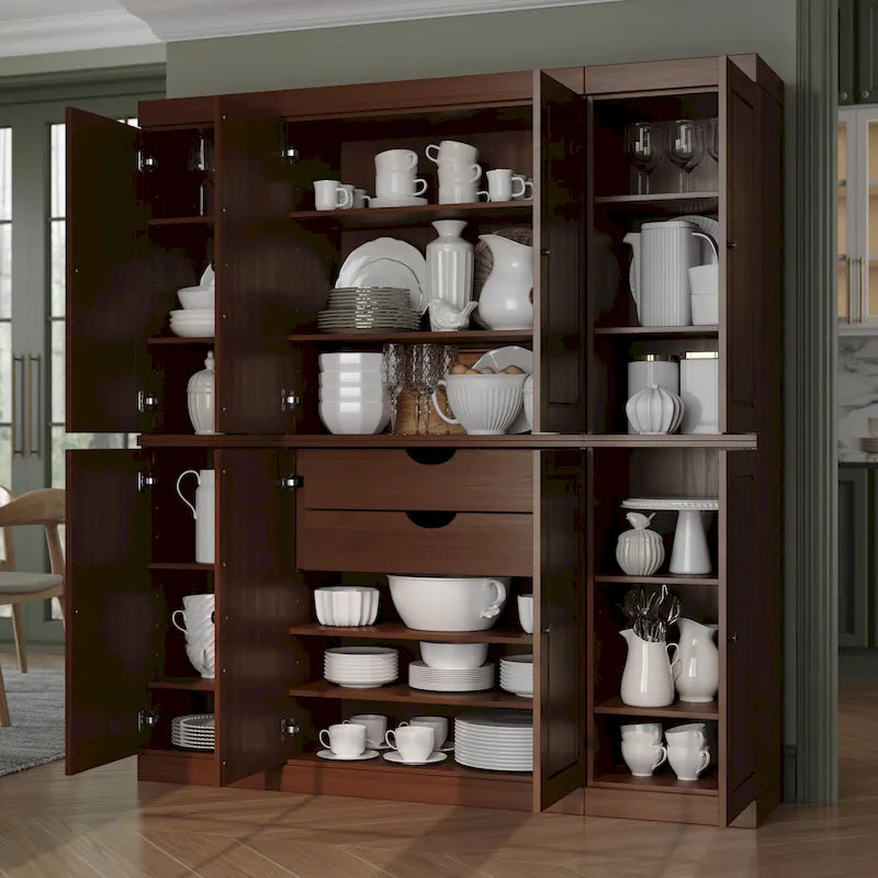 100% Solid Wood Kitchen China Pantry Buffet with Glass or Solid Wood Doors and 2-Drawer Kit 65 x 71.5
