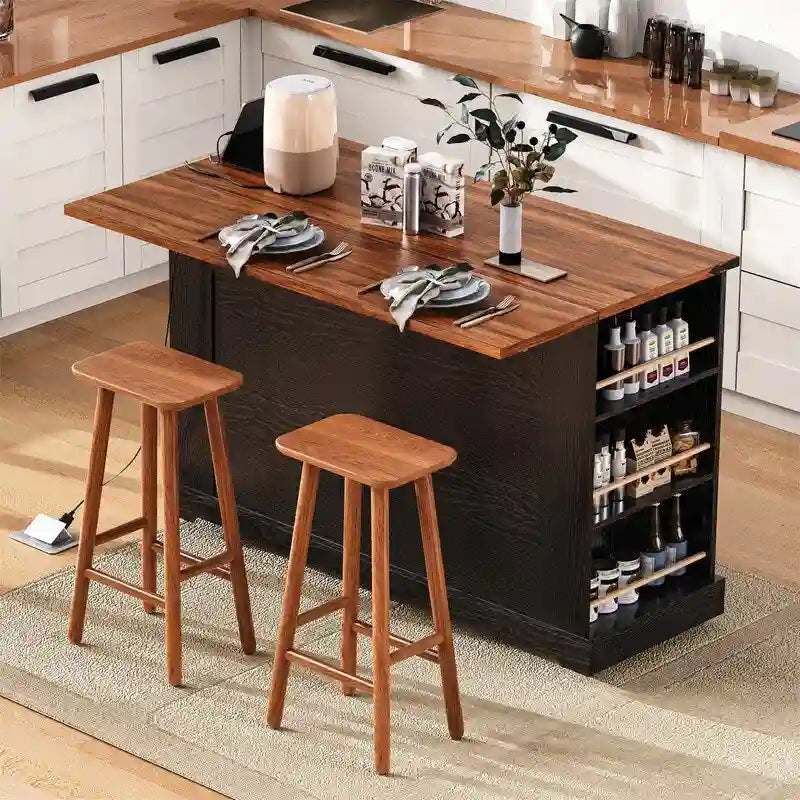 Kitchen Island w/Drop Leaf, 3 Drawers & 5 Open Side Racks, Rolling Kitchen Cart w/ 2 Tempered Glass Cabinet Doors & Power Outlet
