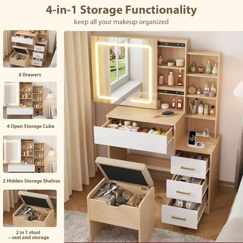 DobleePy Modern Vanity Desk with Sliding Mirror & LED Lights, 4 Drawers, 7 Shelves, Charging Station & Stool, Makeup Dressing Table for Bedroom