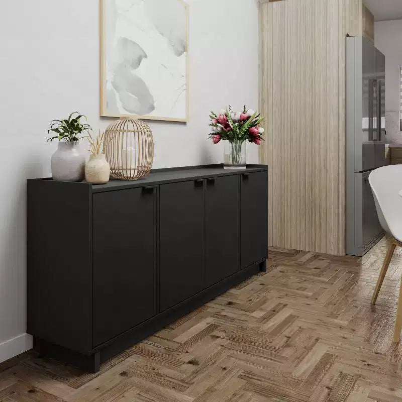 Simply Modern 4-Door Sideboard Console Table Cabinet, Black