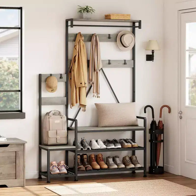 Entryway Shoe Storage Rack with Bench, Coat Rack Hall Tree with 7 Hooks and Storage Shelf, Entryway Coat Rack for Hallway Mudroom Bedroom