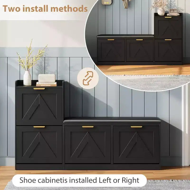 Farmhouse Shoe Cabinet with Bench, 4 Flip Drawers Entryway Shoe Storage Organizer with Comfort Cushioned Seat, Freestanding Shoe Rack Bench