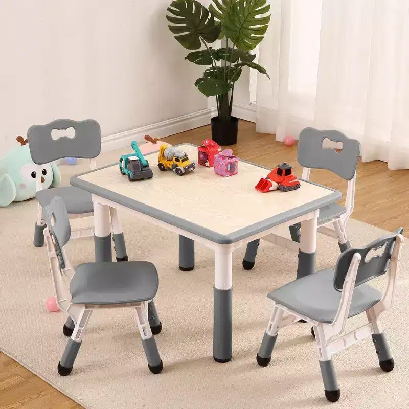 Children's table and 4 chairs, height-adjustable, doodle tabletop, multifunctional children's table and chair set for reading, drawing, dining